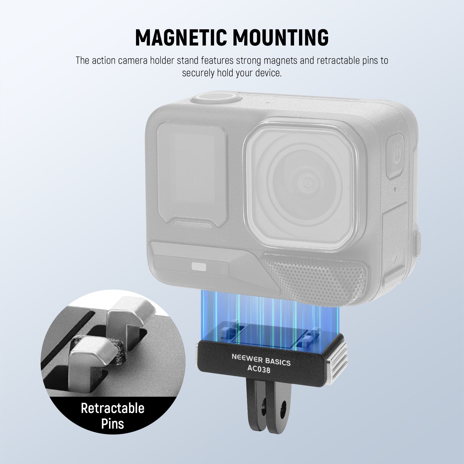 The action camera holder stand for video recording features strong magnets