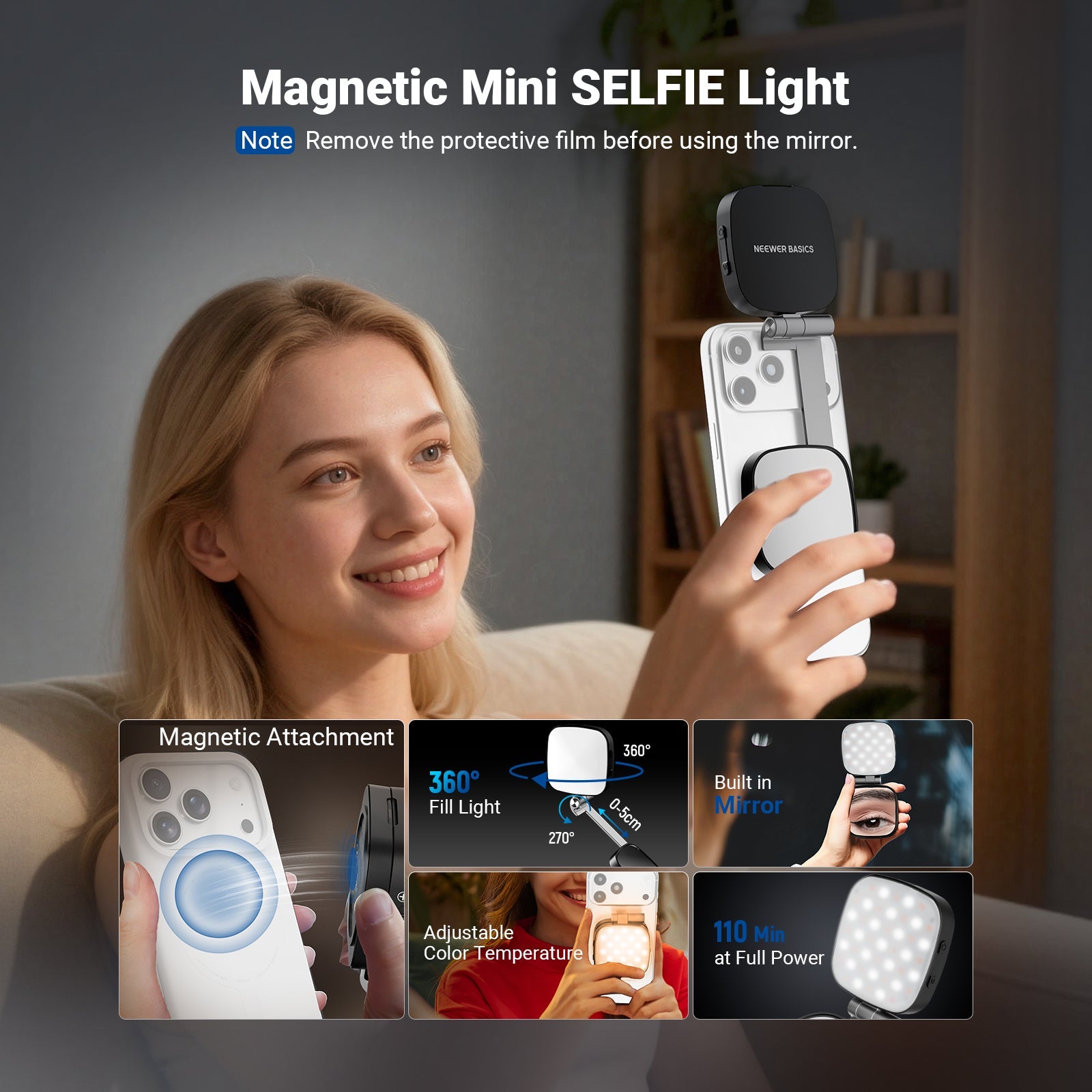 A girl is using the NEEWER NL45B Magnetic LED Selfie Light.