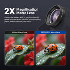 Side-by-side comparison of ladybug macro shots showing enhanced detail captured with NEEWER 2X Macro Lens versus standard shooting without macro attachment