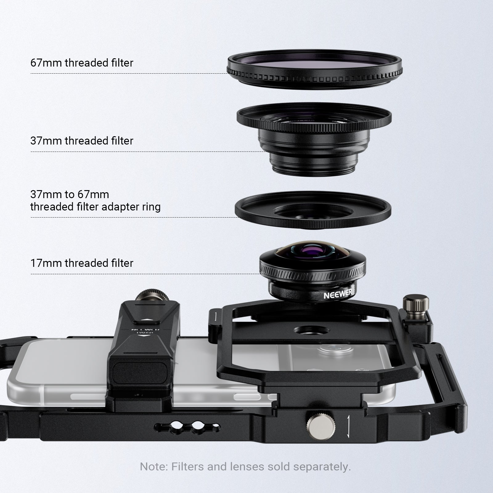 A removable 17mm to 37mm & 67mm filter lens adapter ring