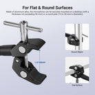 The super clamp, made of aluminum alloy, securely mounts your mic on desks (up to 50mm thick) or round poles (12 to 28mm in diameter).