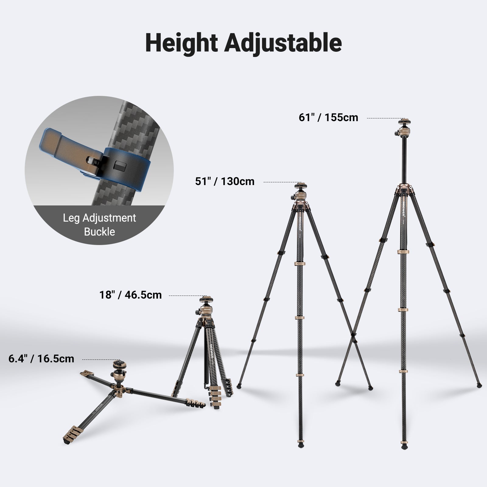 NEEWER LT39 Portable Carbon Fiber Travel Tripod is adjustable from 7.8"(19.5cm) to 62.4"(158.4cm) via metal buckles