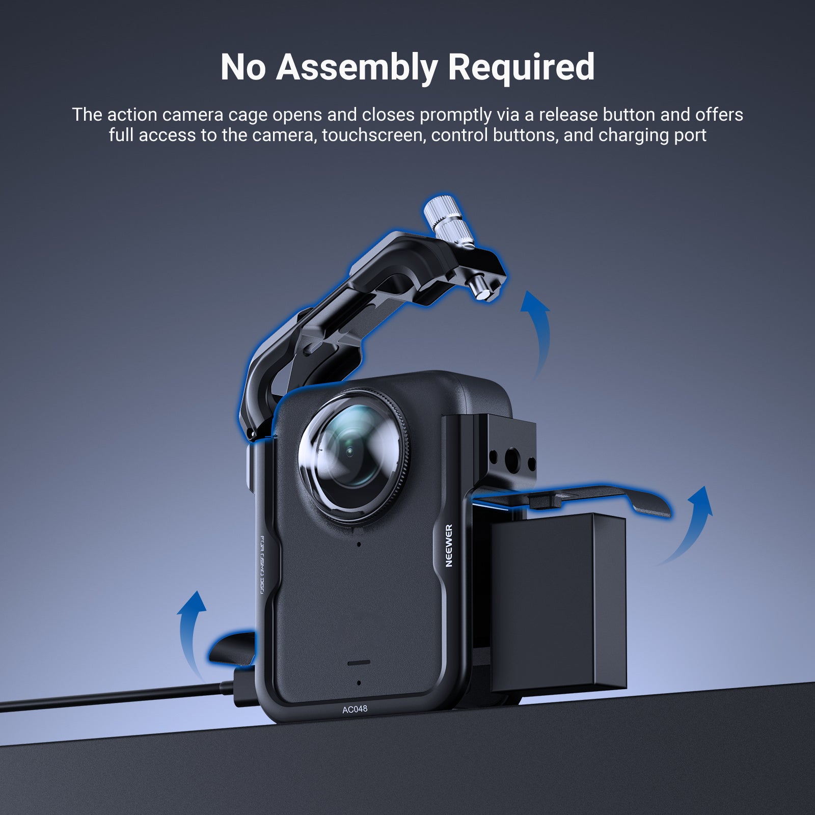 The action camera cage opens and closes promptly via a release button.