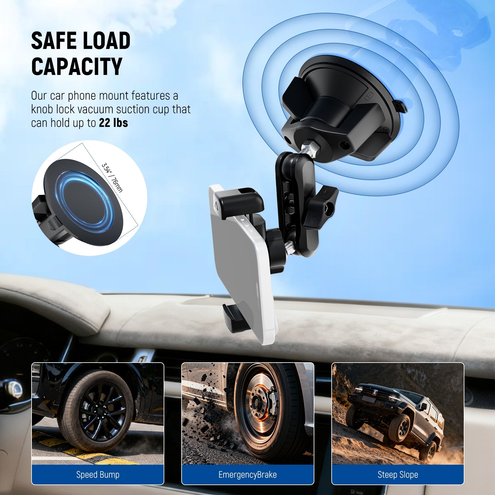 NEEWER PA136 Car Phone Holder features a knob lock vacuum suction cup that can hold up to 22 lbs.