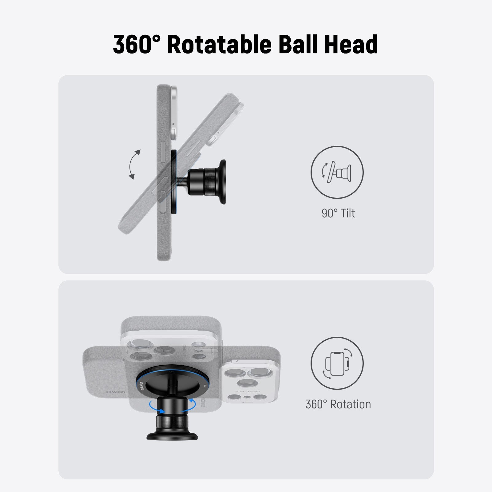 NEEWER PA072 Magnetic Phone Tripod Mount supports 360° rotation and 90° tilt.