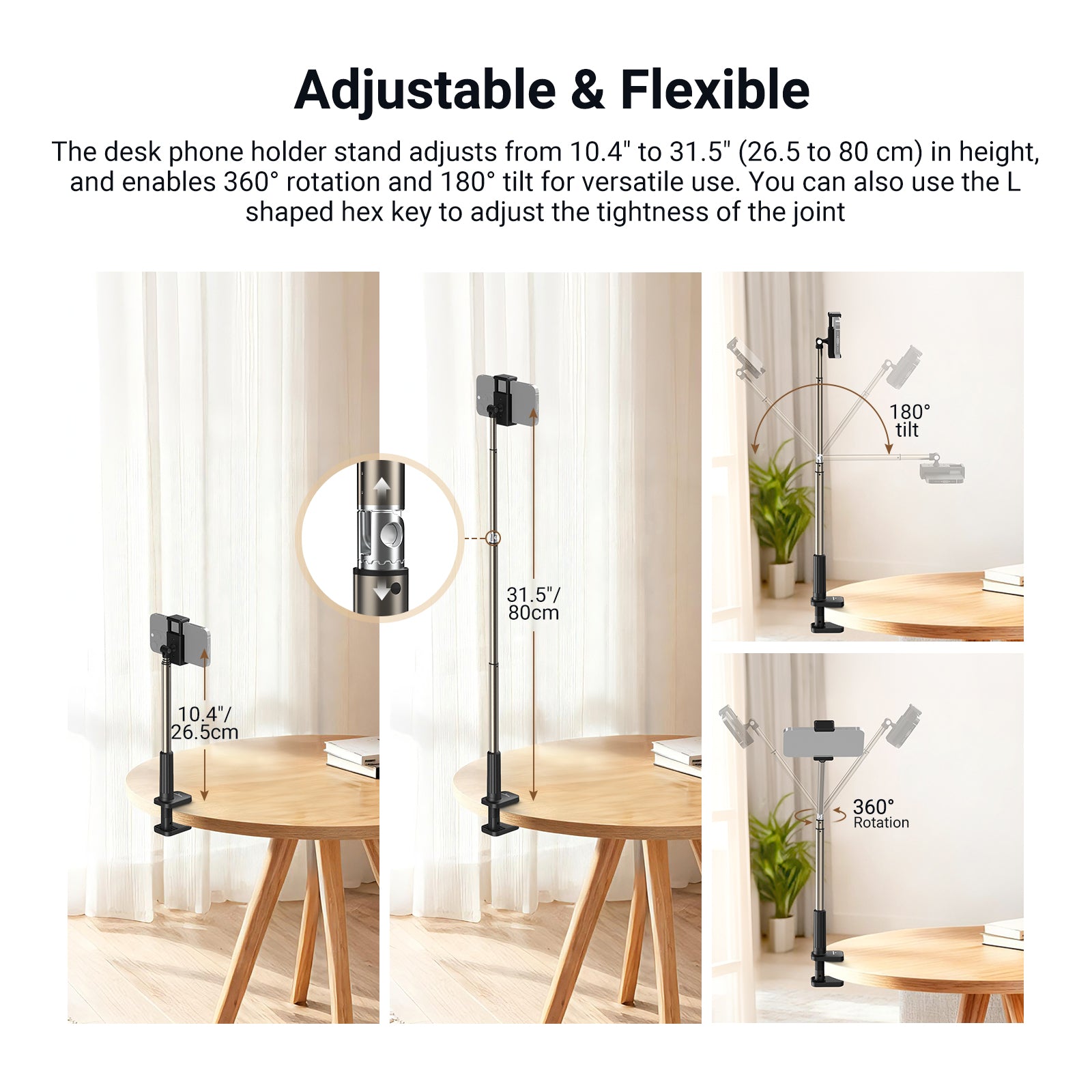 The desk phone holder stand adjusts from 10.4" to 31.5" (26.5 to 80 cm) in height