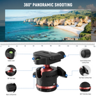 The vlogging tripod stand equipment rotates its metal ball head 360° and tilts 90°.