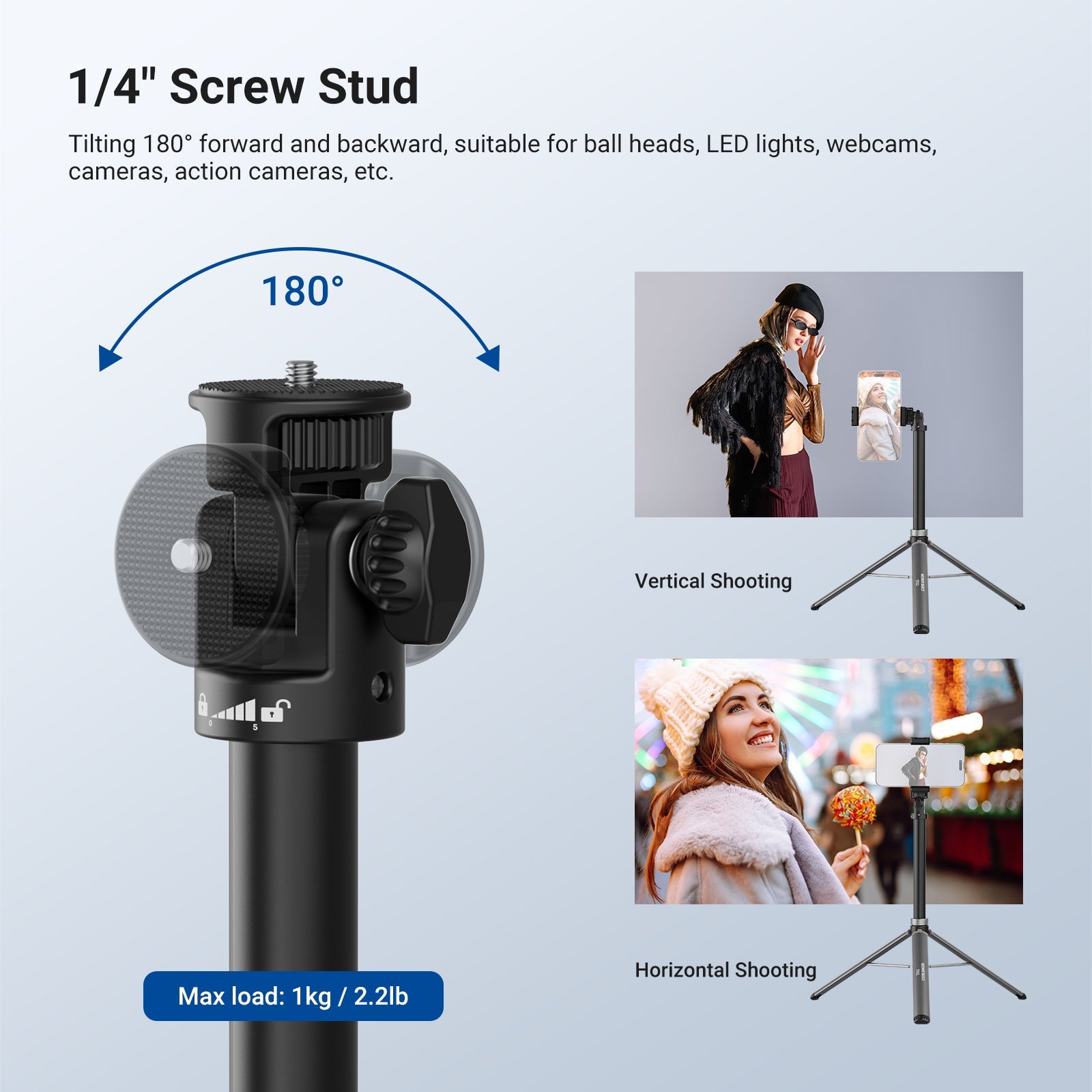 The top 1/4" screw stud tilts forward/backward up to 180°, fitting ball heads, LED lights, webcams, cameras, action cams.