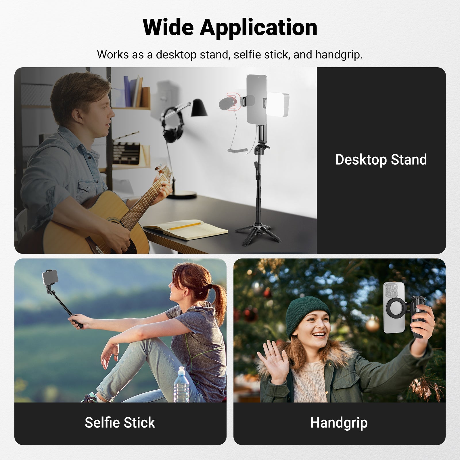 NEEWER PA985 works as a desktop stand, selfie stick, and handgrip.