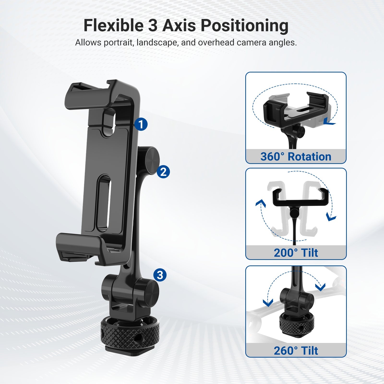 NEEWER PA154 Metal Phone Holder allows portrait, landscape, and overhead camera angles.