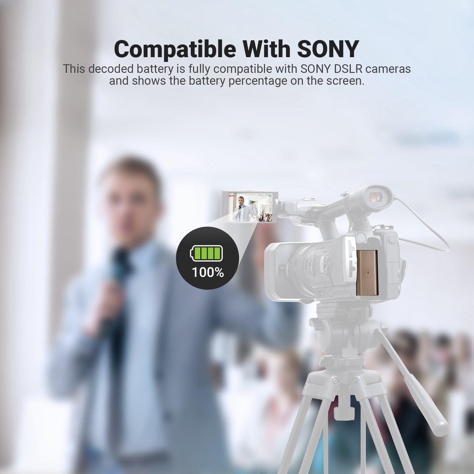 This decoded battery is compatible with Sony DSLR cameras and shows the battery percentage on the screen.