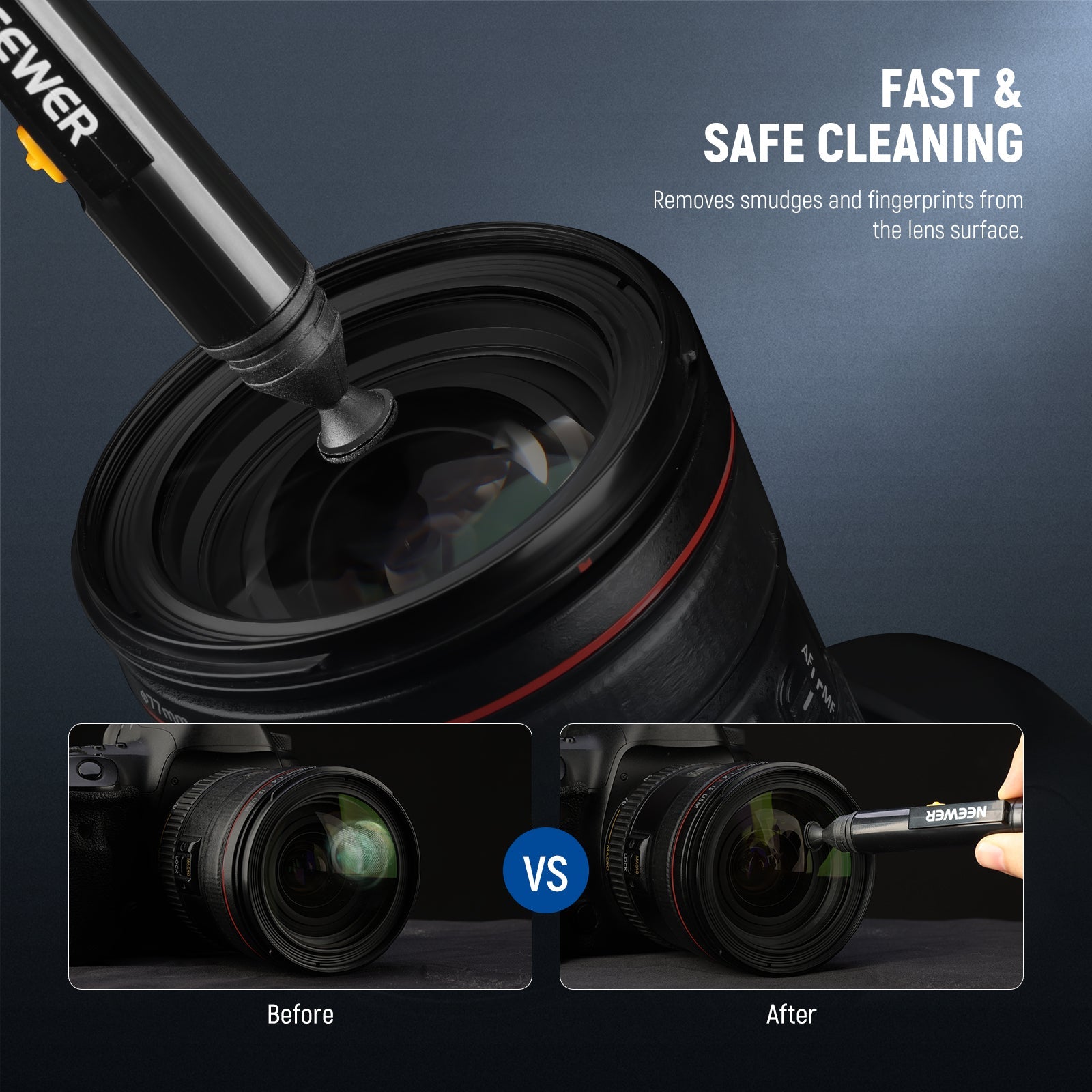 The lens brush pen removes smudges and fingerprintes from the lens surfaces.