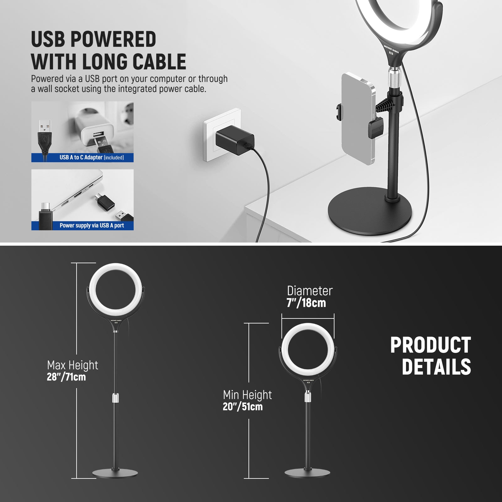 NEEWER RL7B 7" Desk Ring Light can be powered via a USB port on your computer or through a wall socket using the integrated power cable.