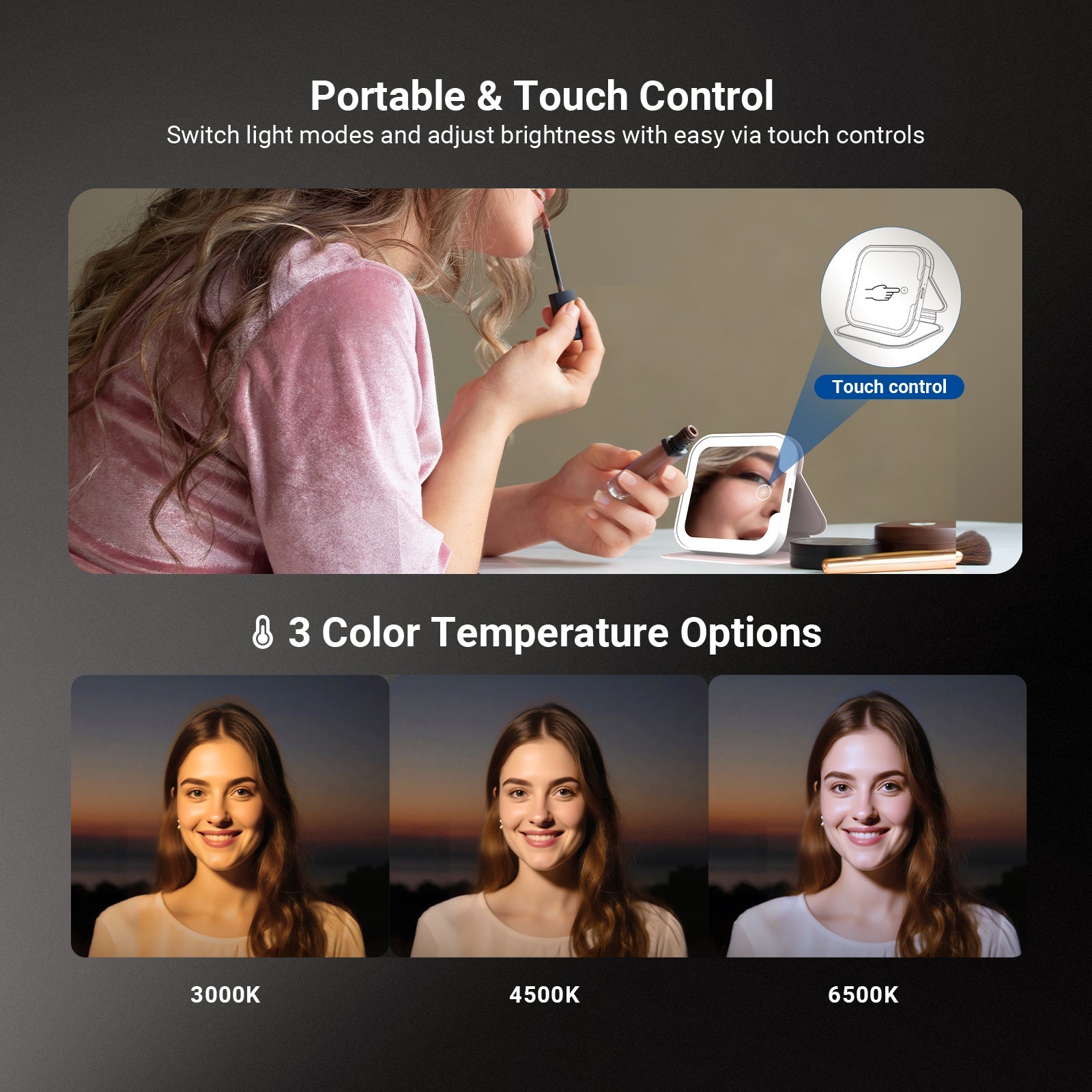 NEEWER N26 4.4" Compact LED Lighted Travel Makeup Mirror offers 3 color temperture options.