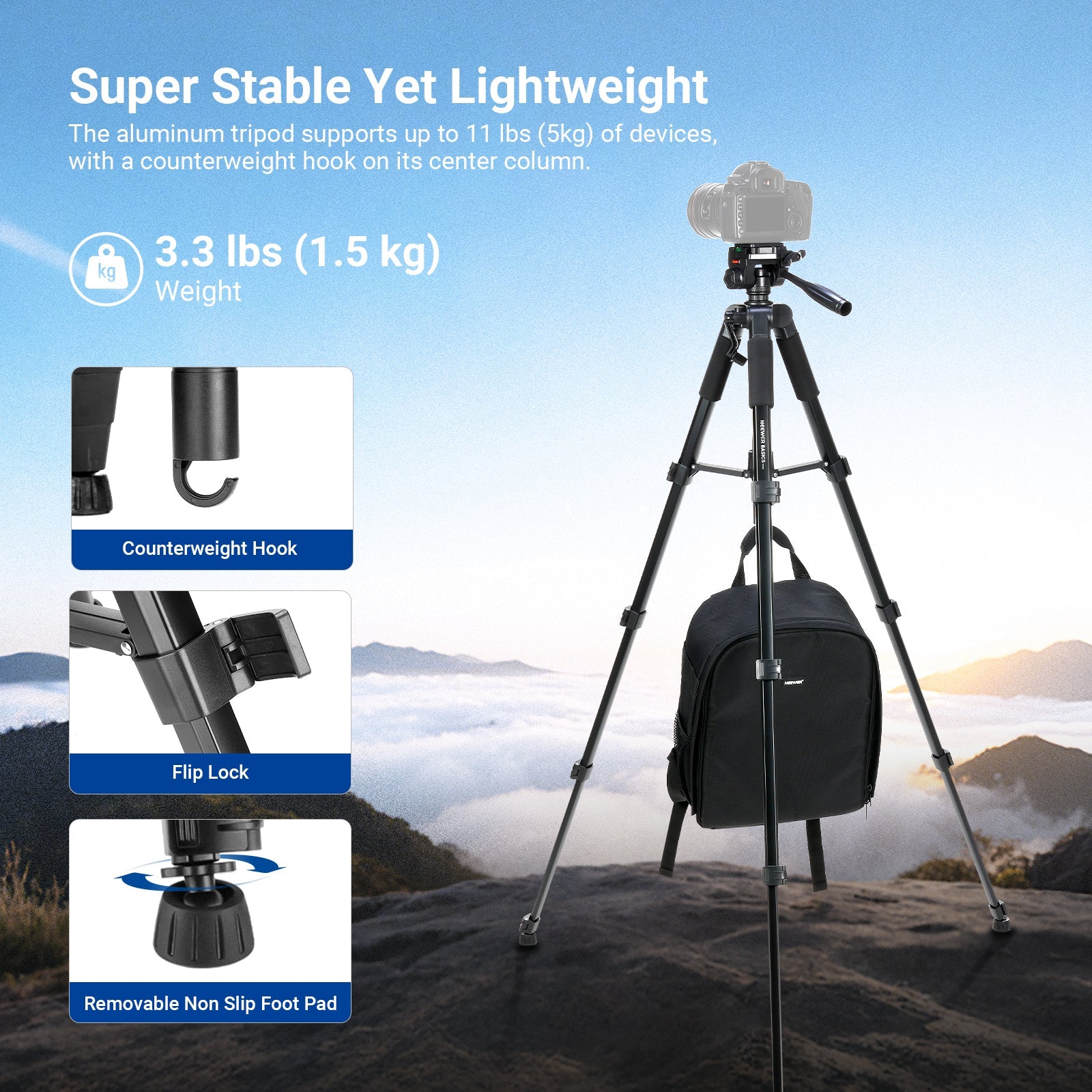 The aluminum alloy tripod supports up to 11 lbs of devices, with a counterweight hook on its center column.