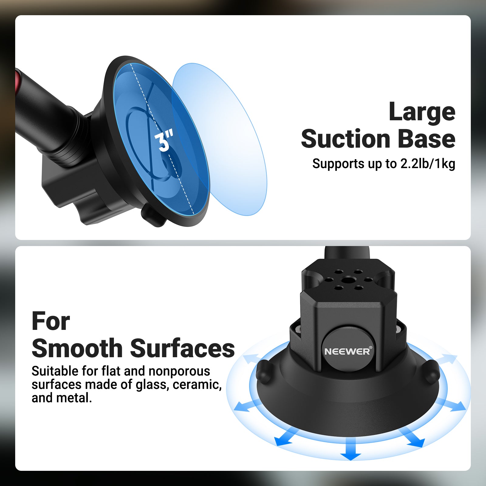 NEEWER BASICS CA166 Triple Suction Cup Car Mount Kit is suitable for flat and nonporous surfaces made of glass, ceramic, and metal.