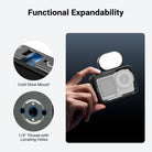 Built with a cold shoe mount and 1/4" thread with locating holes, the video rig can attach other equipment gear.