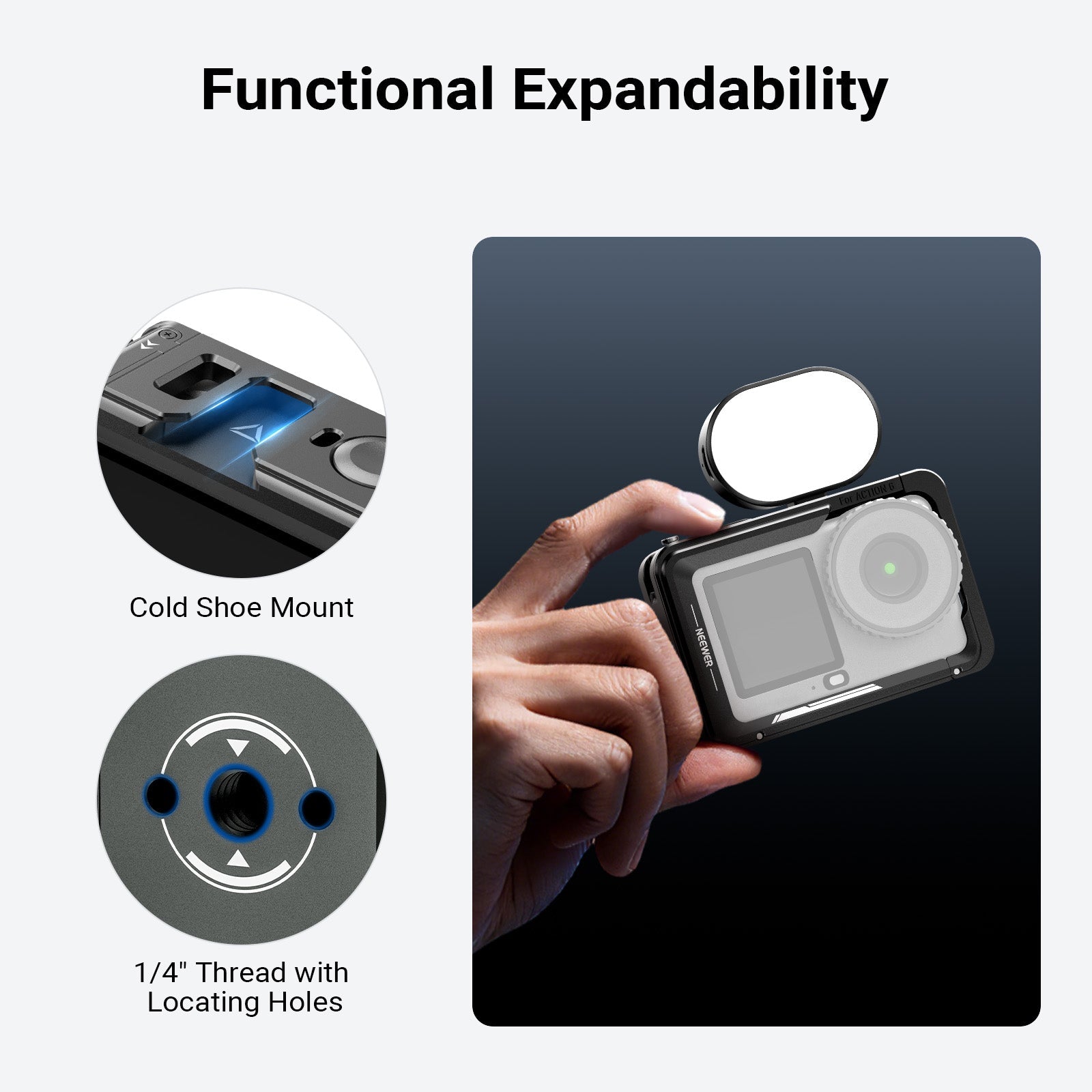 Built with a cold shoe mount and 1/4" thread with locating holes, the video rig can attach other equipment gear.