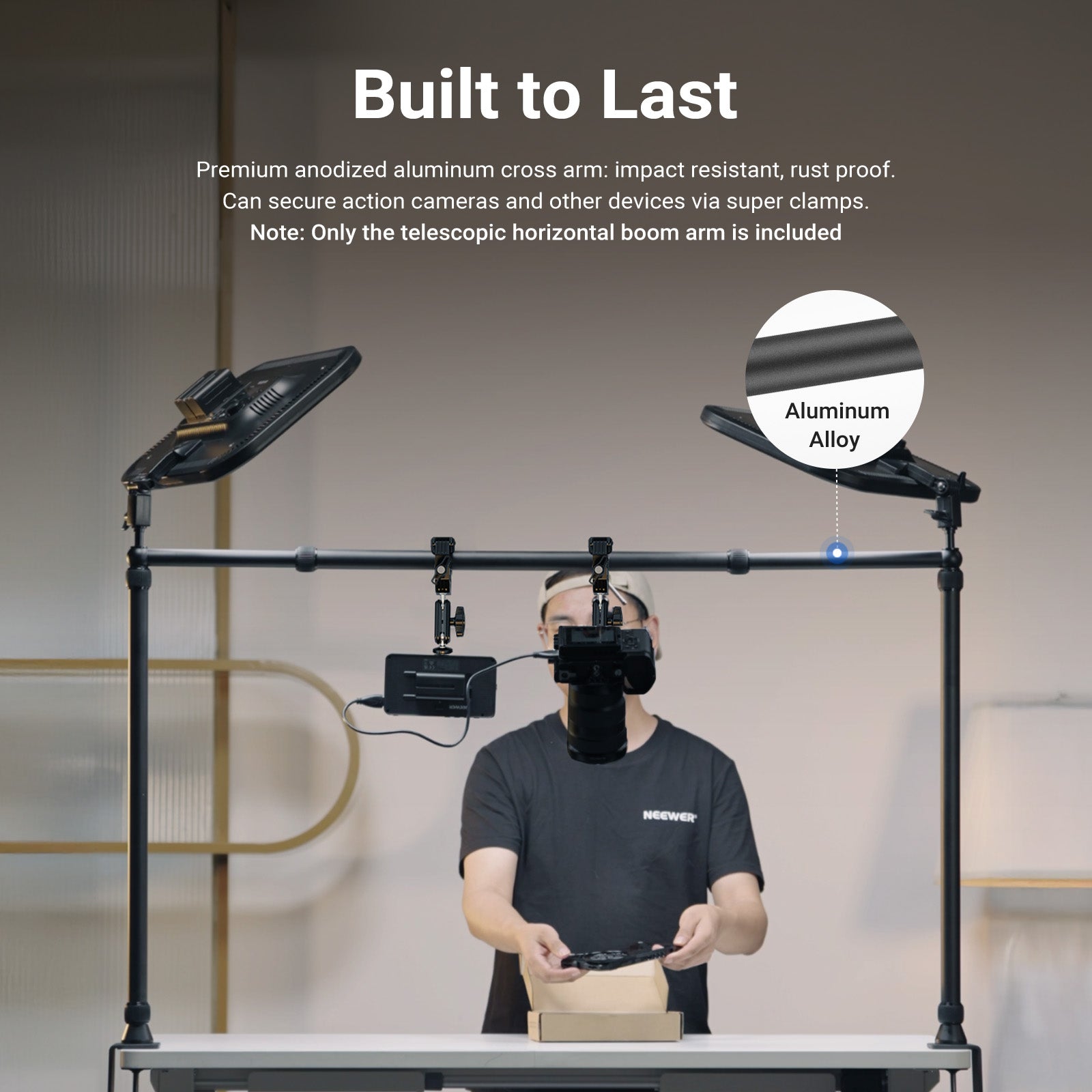 Constructed from premium aluminum alloy with a black anodized finish, the cross arm for desk microphone mount is impact and rust resistant.