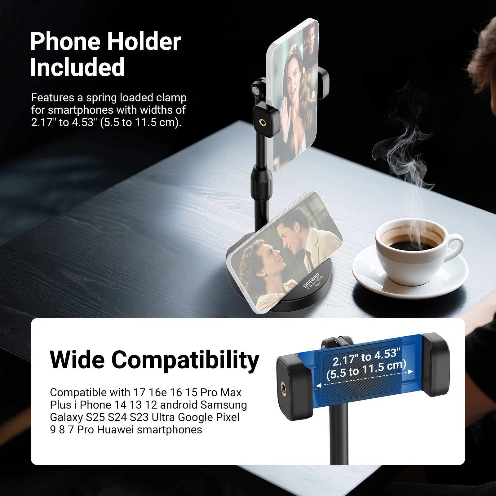 NEEWER DS030 Ergonomic Cell Phone Stand for Desk features a spring loaded clamp.