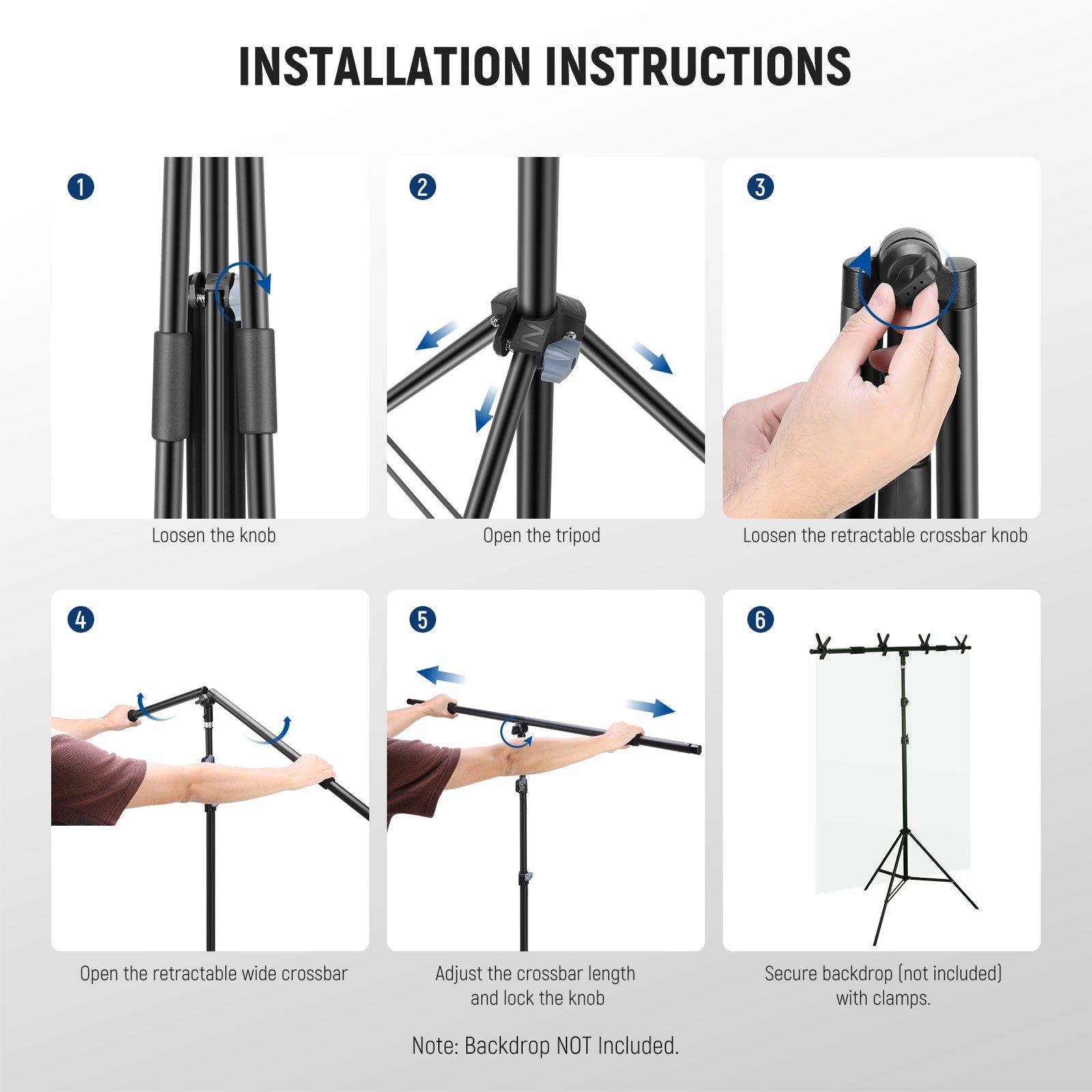 Installation instruction of the NEEWER NK005 6.8x8.8ft Integrated T Shape Backdrop Stand