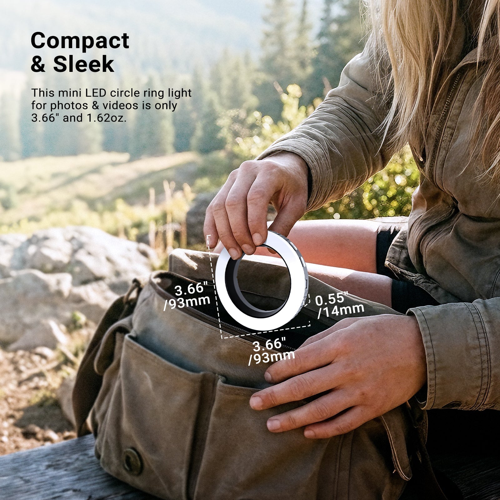 This mini LED circle ring light for photos & videos is only 3.66" and 1.62oz.