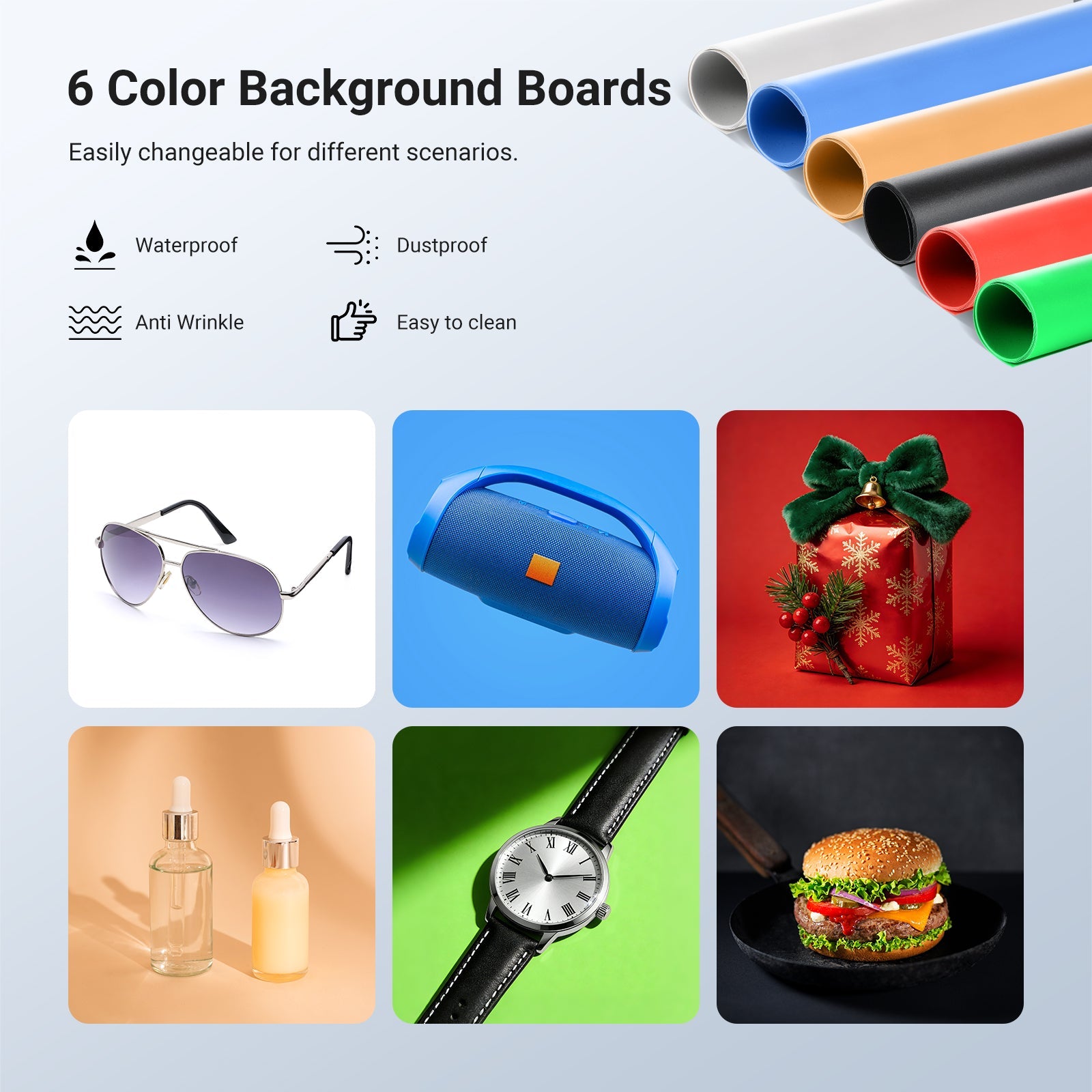 The studio photography equipment kit includes 6 backdrops to customize various shooting environments.
