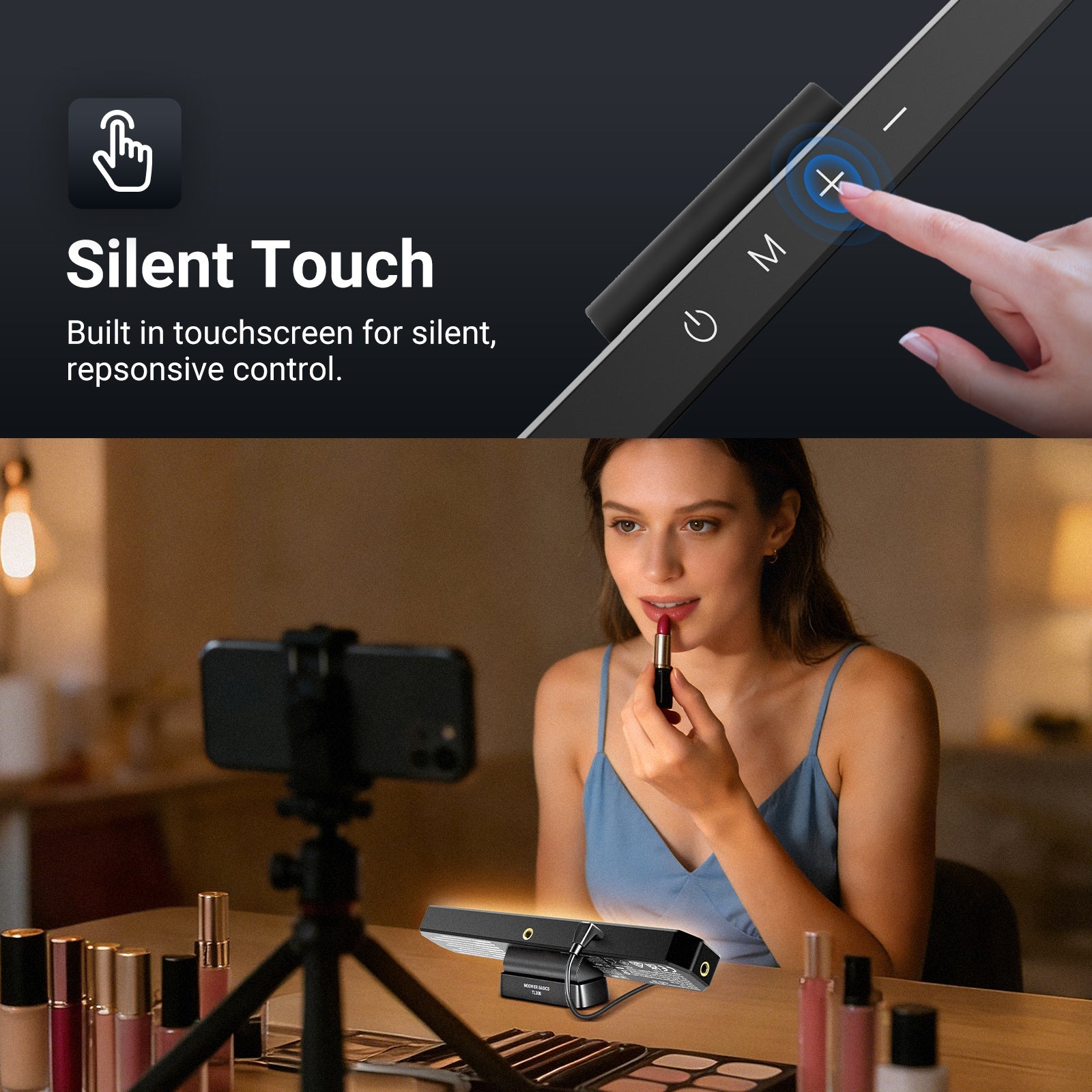 A girl applying lipstick uses the NEEWER TL30B LED Chin Fill Light for illumination