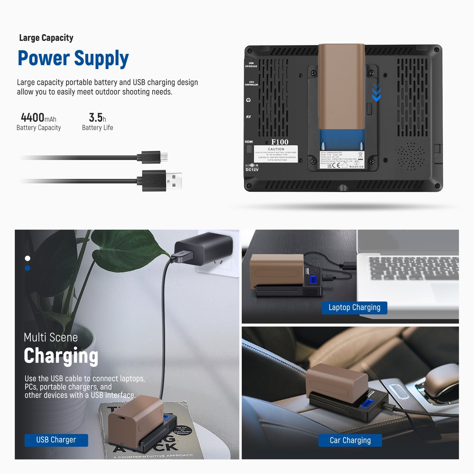 NEEWER F100 camera monitor features a 4400mAh capacity and 3.5-hour battery life, supporting multi-scene charging for monitors, laptops, and other USB devices.
