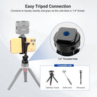 NEEWER PA154 Universal Adjustable Metal Phone Holder mounted on a mini tripod, securely holding a smartphone with a NEEWER fill light attached to its top cold shoe mount.