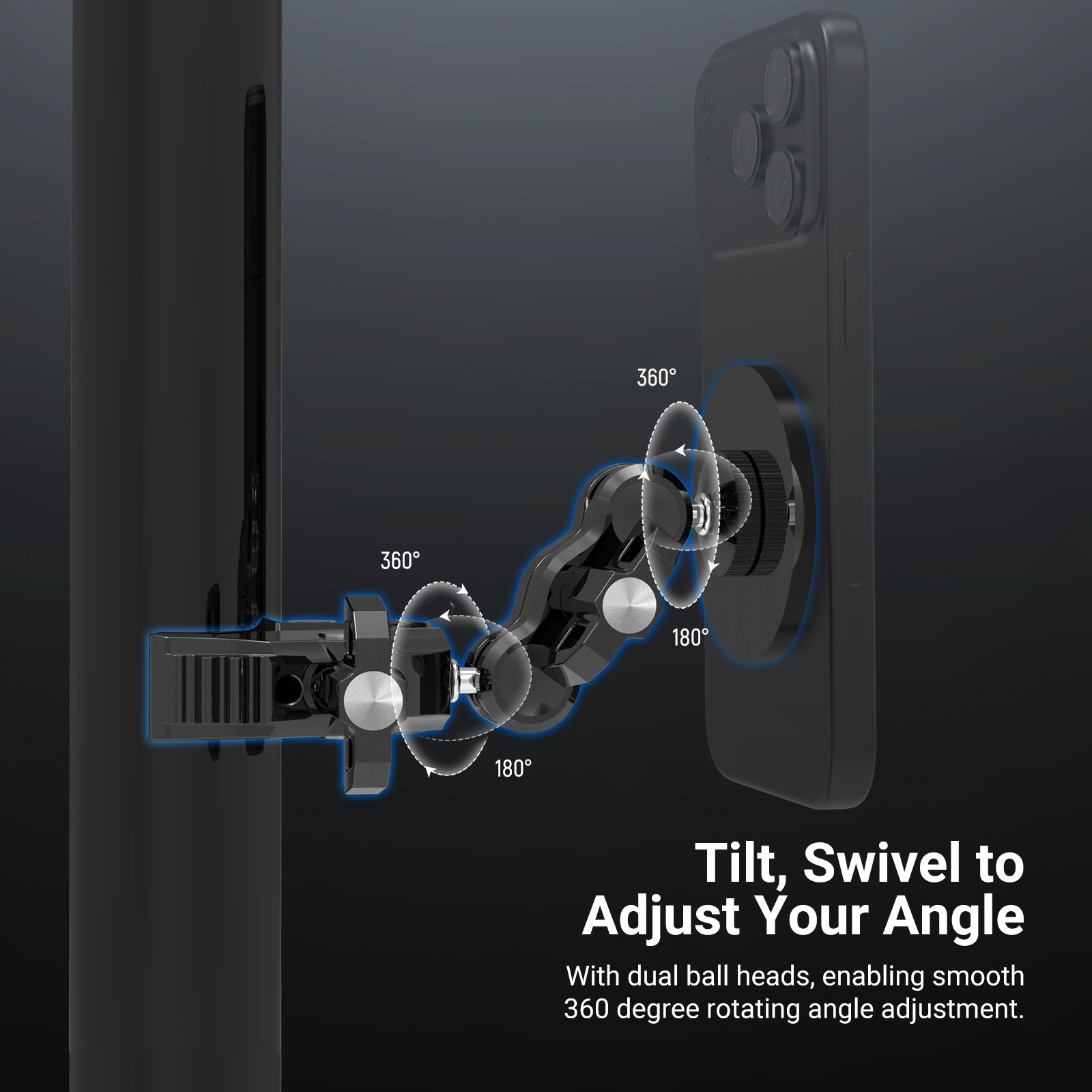 The flexible magic arm of the phone holder is engineered with dual ball heads.