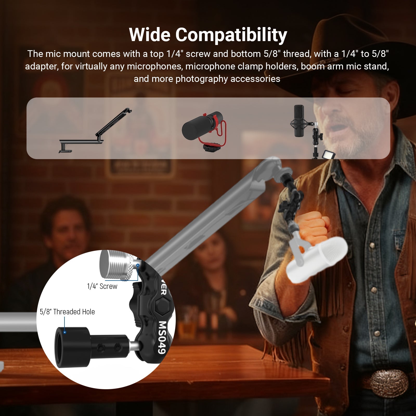 The mic mount comes with a top 1/4" screw and bottom 5/8" thread, with a 1/4" to 5/8" adapter