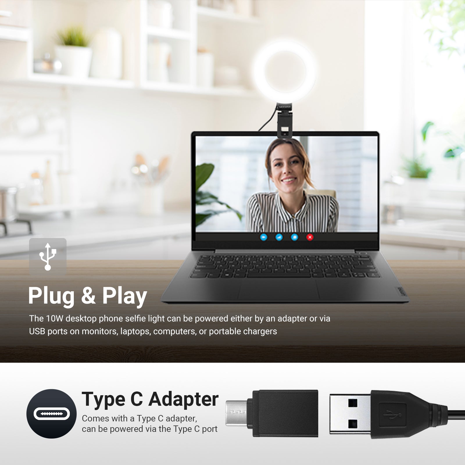The NEEWER BR60 Desk Ring Light can be powered either by an adapter or via USB ports.