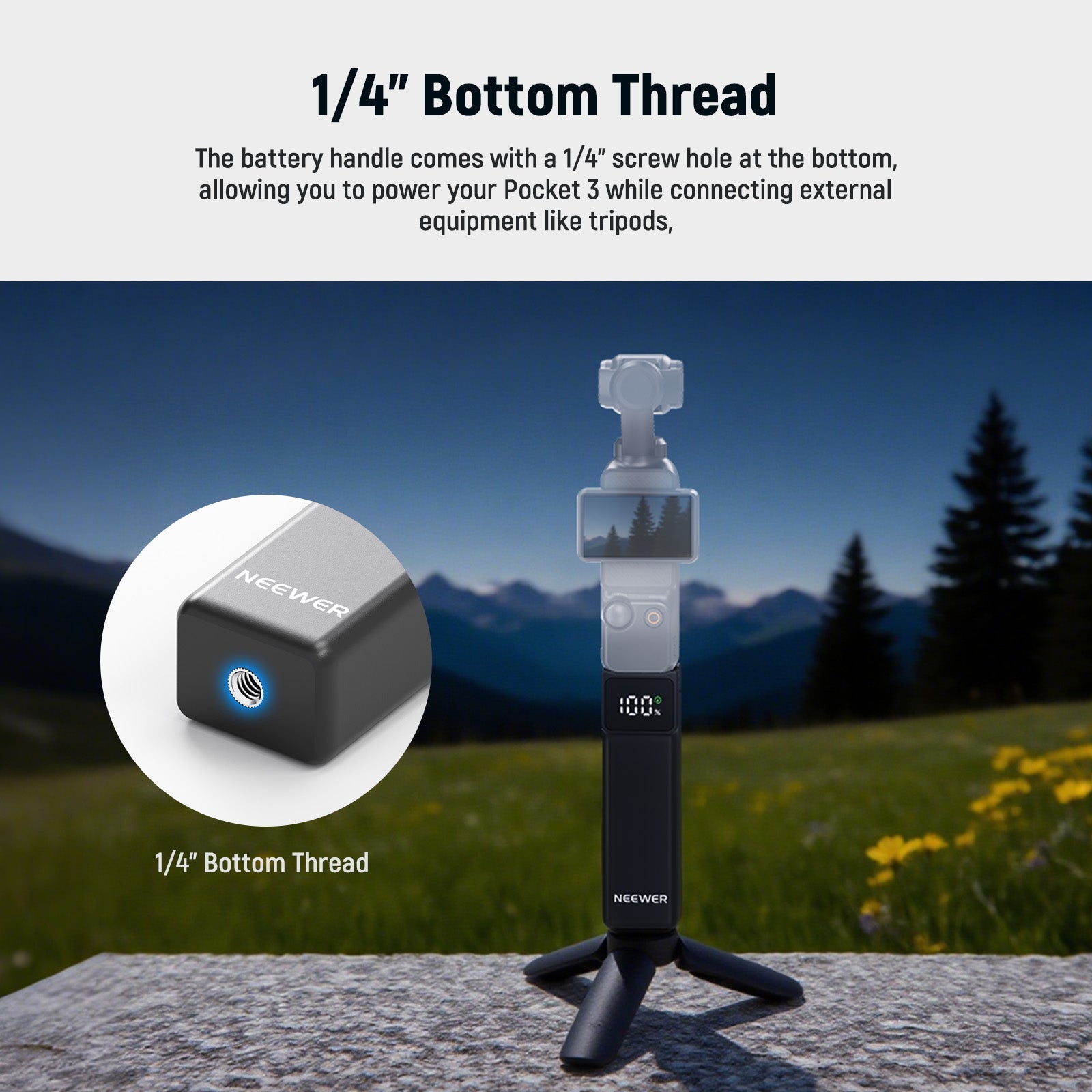 The battery handle comes with a 1/4" screw hole at the bottom