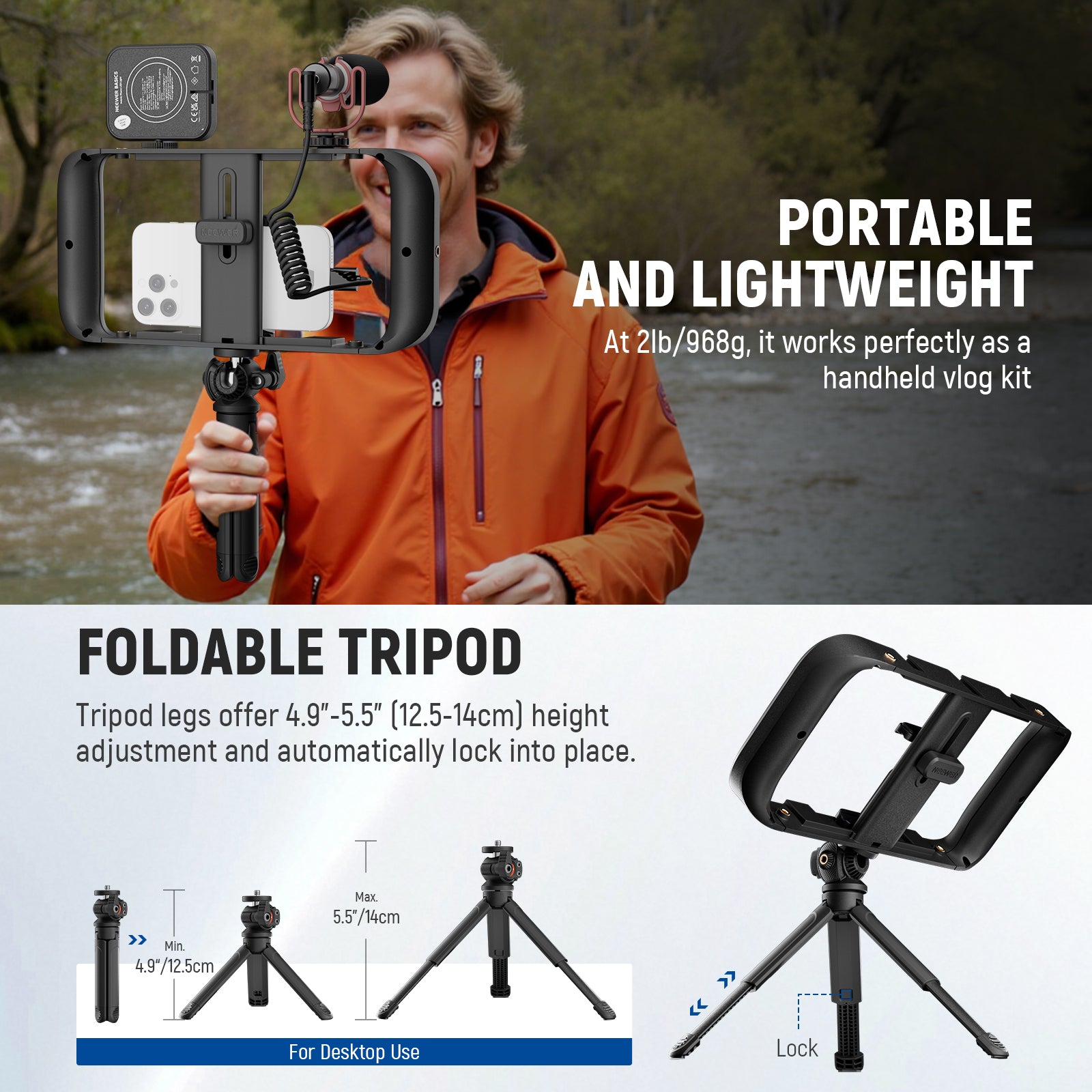 This portable and lightweight (2lb/968g) tripod stand is easy to transport