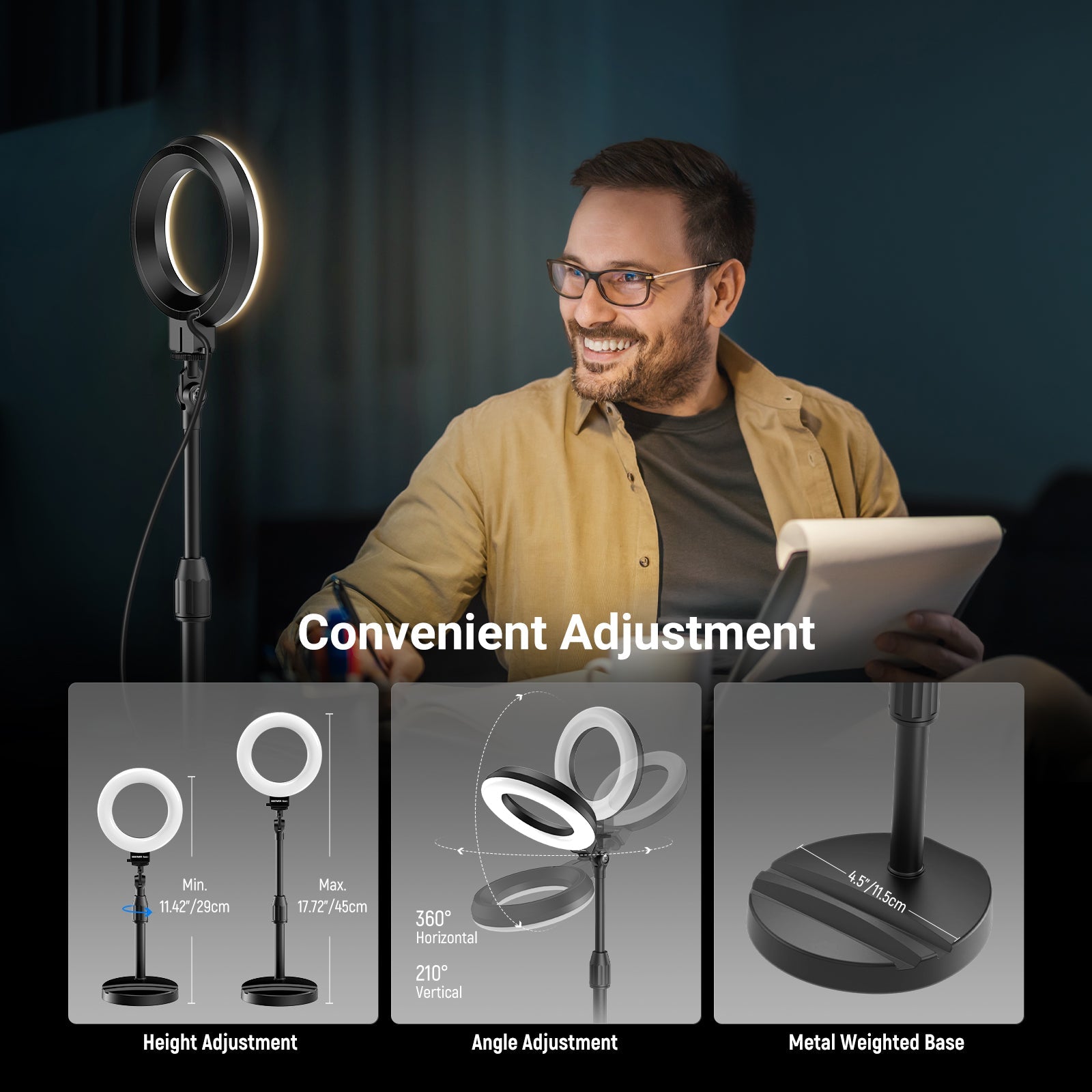 The table stand smoothly adjusts from 11.42" to 17.72"