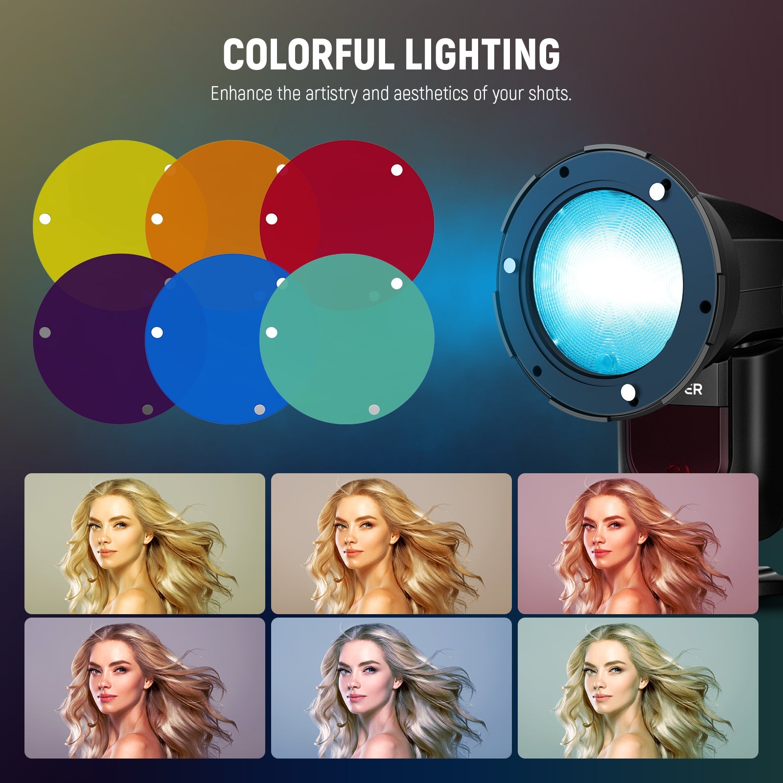 Six vibrant color gels (red, orange, yellow, green, blue, purple) offer dynamic lighting options.