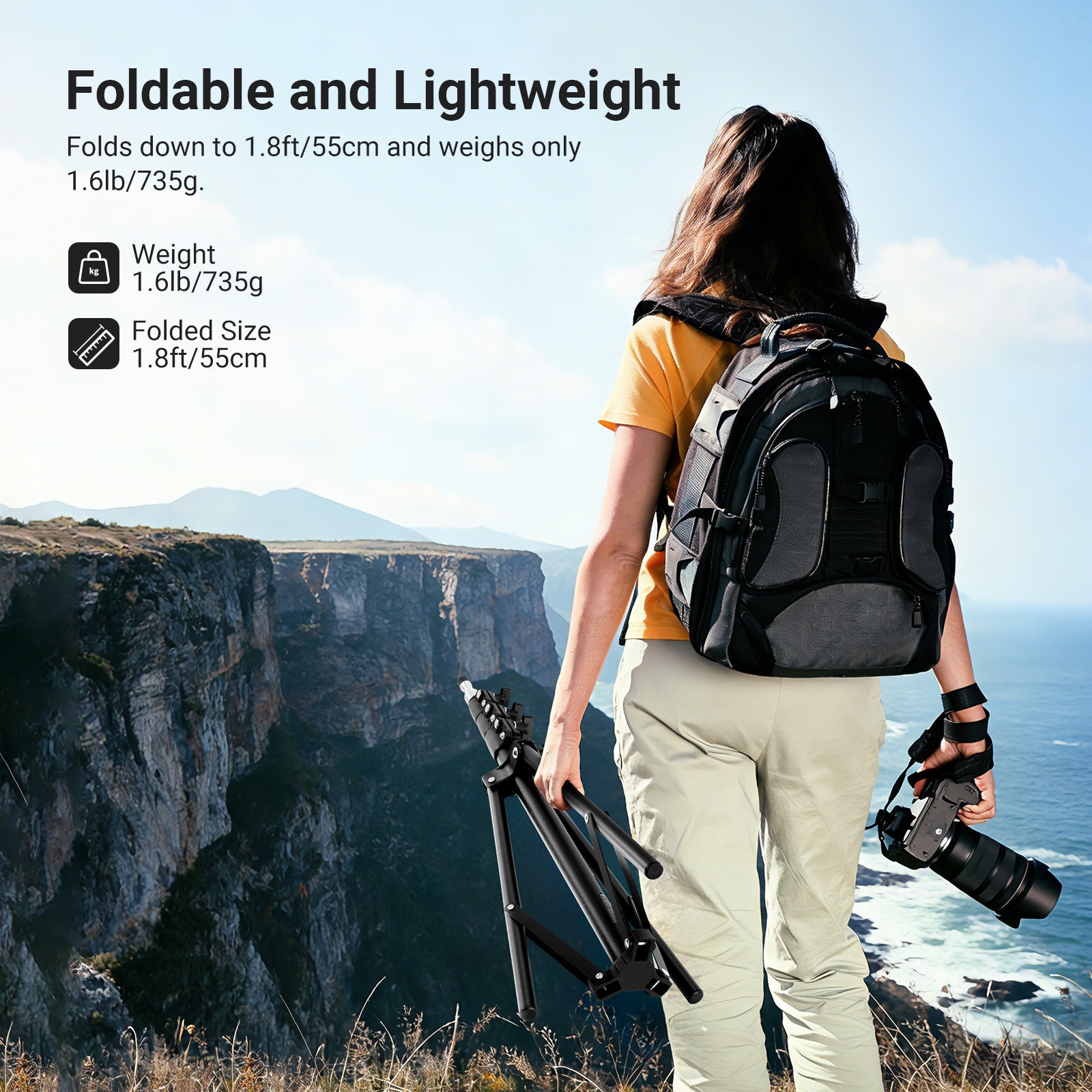 Lightweight foldable photography light stand with 55cm folded size and 735g weight for outdoor travel shooting