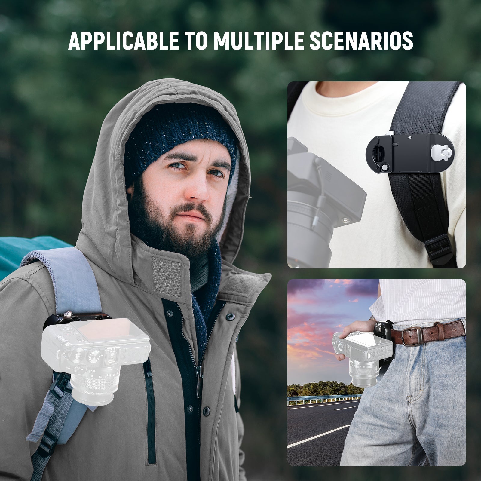 NEEWER GP67 Versatile Backpack Camera Clip is applicable to outdoor scenarios.