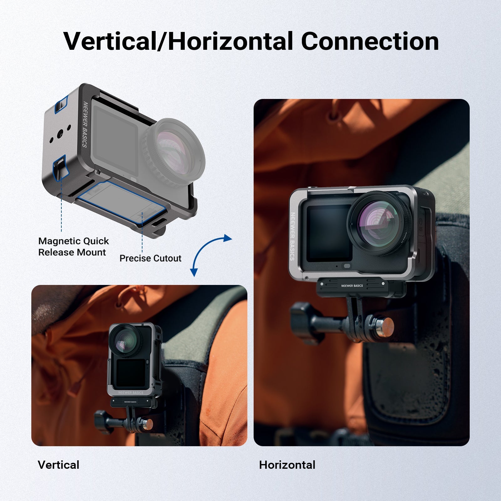 NEEWER AC061 Action Camera Cage allows for easy horizontal to vertical switches.