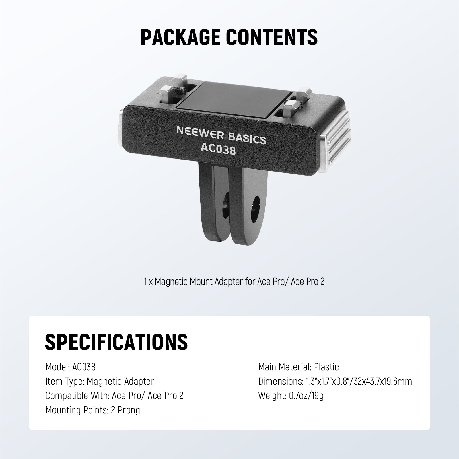 Specifications of the NEEWER AC038 Magnetic Mount Adapter For Insta360 Ace Pro/Ace Pro 2