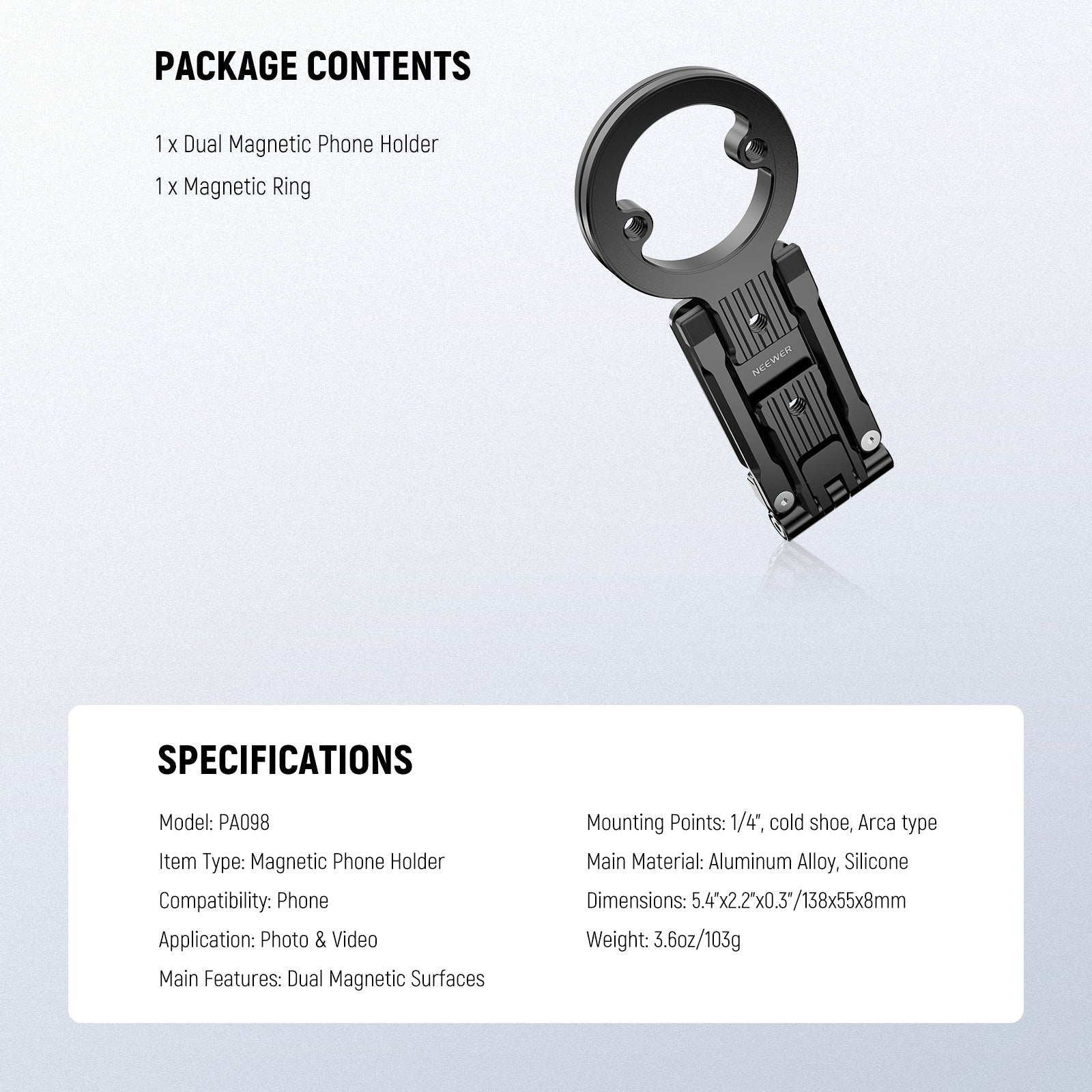 Specifications of the NEEWER PA098 Magnetic Phone Stand