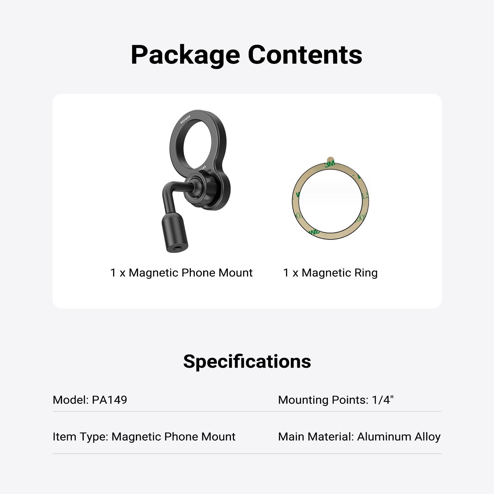This package includes a magnetic phone mount and a magnetic ring.