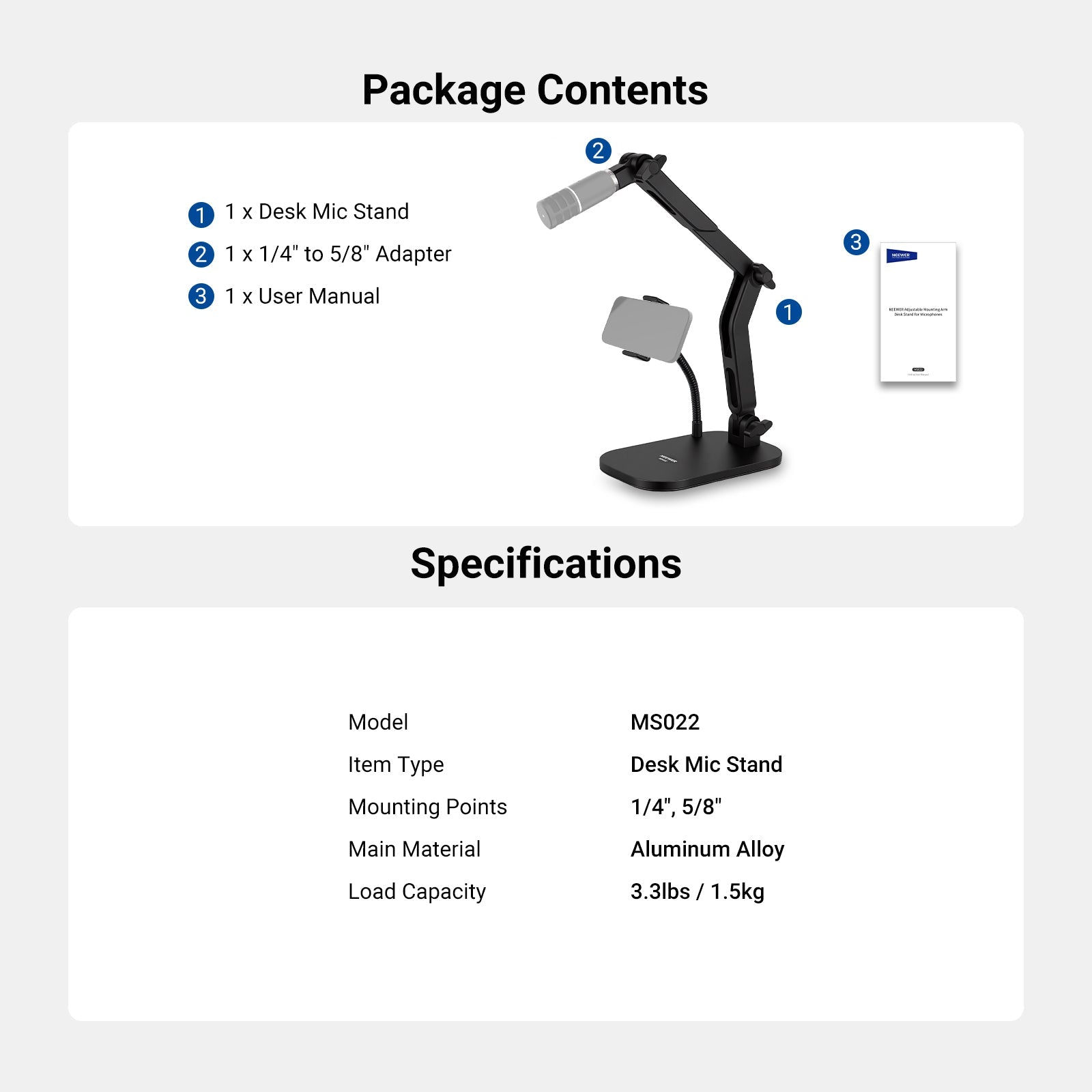 This package includes a desk mic stand and a 1/4" to 5/8" adapter.