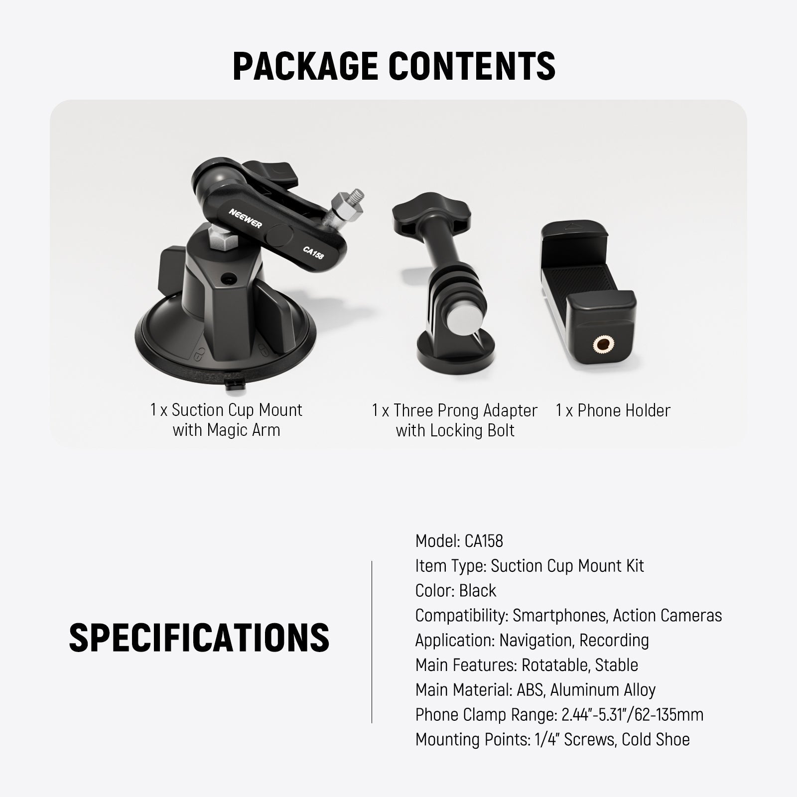 Package Contents of the NEEWER CA158 Suction Cup Phone & Camera Mount Kit