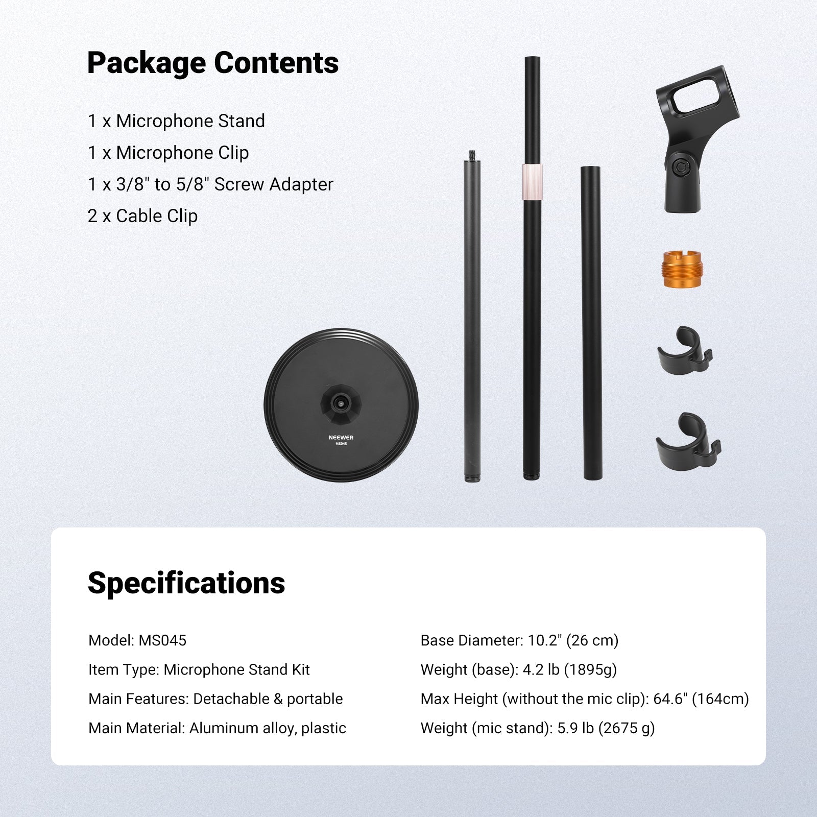 This package includes a microphone stand, a mic clip, a 3/8" to 5/8" screw adapter, and two cable clips.