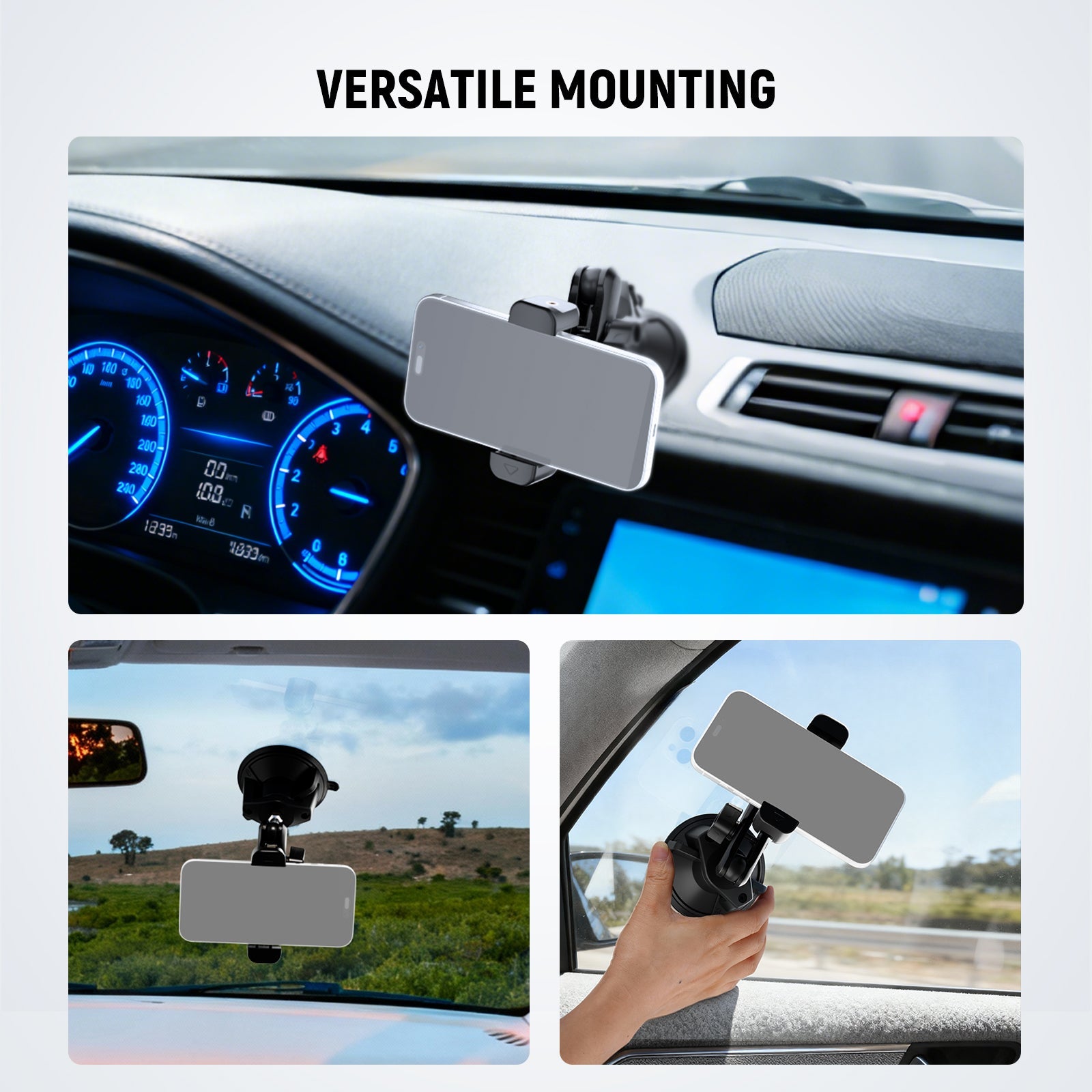 The strong suction cup phone holder mount holds on the windshield, window, or hood of a car.