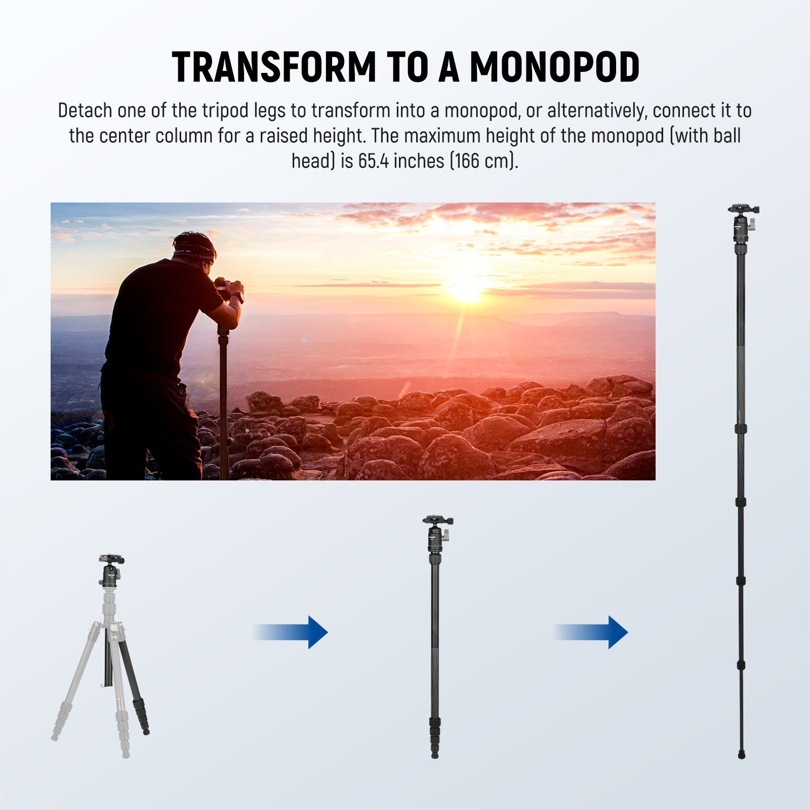 NEEWER TP39 Carbon Fiber Camera Tripod can transform into a monopod.