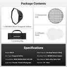This kit includes an octagonal softbox, a honeycomb grid, two diffusion panels, and a carrying bag.
