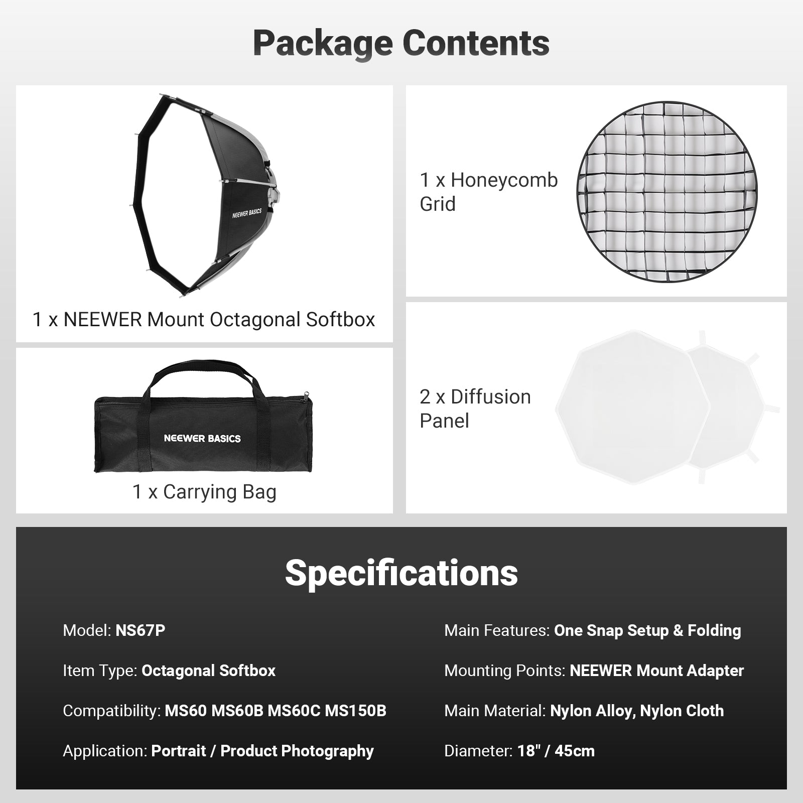 This kit includes an octagonal softbox, a honeycomb grid, two diffusion panels, and a carrying bag.
